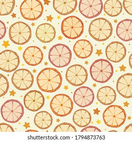Seamless pattern with dried orange, lemon and grapefruit slices on cream-colored background. Can be used for wallpaper, pattern fills, textile, web page background, surface textures