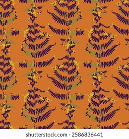 Seamless pattern with dried purple fern leaves on orange background. Wild forest plant wallpaper. Boho botanical texture. Ecological and natural design.