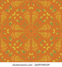 Seamless pattern with dried yellow fern leaves on orange background. Wild forest plant wallpaper. Boho botanical texture. Ecological and natural scarf design.
