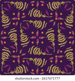 Seamless pattern with dried yellow fern leaves on deep purple background. Wild forest plant wallpaper. Boho botanical texture. Ecological and natural design.