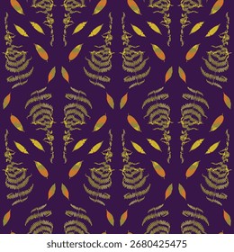 Patrón sin fisuras con hojas de helecho amarillo seco sobre fondo púrpura profundo. Fondo de pantalla de plantas forestales silvestres. Textura botánica Boho. Diseño ecológico y natural.