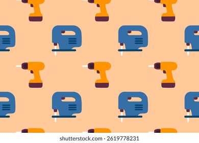 Seamless pattern with drills and jigsaws on orange background