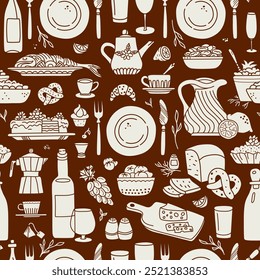 Seamless pattern with drink and food on brown background. Kitchen decoration vector illustration.