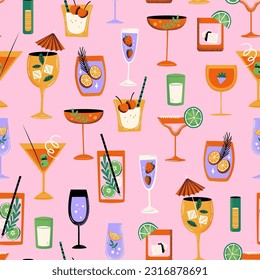 Seamless Pattern with drinks, beverages, cocktails. Hand Drawn retro textured illustration