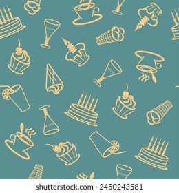 Seamless pattern with drinks an desserts art print for textile, paper, wallpaper decor design food kitchen cafe restaurants 