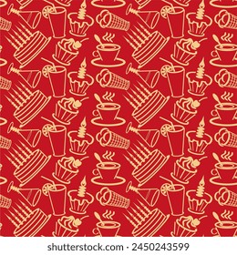 Seamless pattern with drinks an desserts art print for textile, paper, wallpaper decor design food kitchen cafe restaurants 