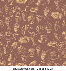 Seamless pattern with drinks an desserts art print for textile, paper, wallpaper decor design food kitchen cafe restaurants 