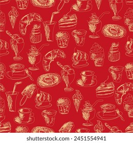 Seamless pattern with drinks an desserts art print for textile, paper, wallpaper decor design food kitchen cafe restaurants 