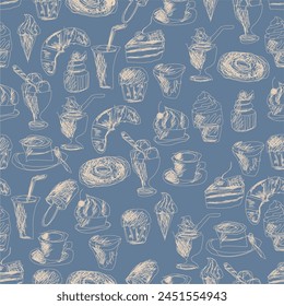 Patrón sin fisuras con bebidas y postres impresión de arte para textil, papel, decoración de Fondo de pantalla diseño de alimentos café de cocina restaurantes 