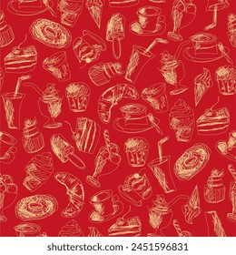 Patrón sin fisuras con bebidas y postres impresión de arte para textil, papel, decoración de Fondo de pantalla diseño de alimentos café de cocina restaurantes 