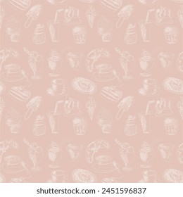 Seamless pattern with drinks an desserts art print for textile, paper, wallpaper decor design food kitchen cafe restaurants 