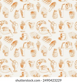 Nahtloses Muster mit Getränken und Desserts Kunstdruck für Textil, Papier, Bildschirmhintergrund-Dekor-Design Lebensmittel Küche Café Restaurants	