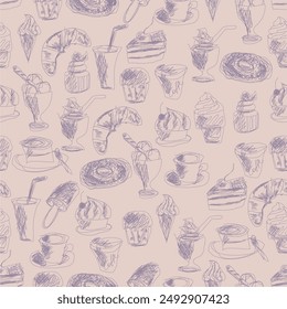 Seamless pattern with drinks an desserts art print for textile, paper, wallpaper decor design food kitchen cafe restaurants	