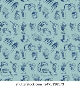 Seamless pattern with drinks an desserts art print for textile, paper, wallpaper decor design food kitchen cafe restaurants	