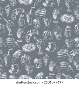 Seamless pattern with drinks an desserts art print for textile, paper, wallpaper decor design food kitchen cafe restaurants	