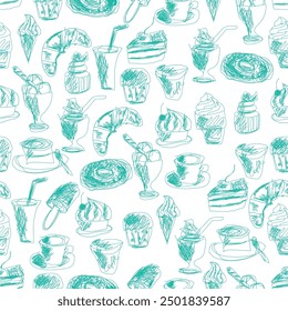 Seamless pattern with drinks an desserts art print for textile, paper, wallpaper decor design food kitchen cafe restaurants	