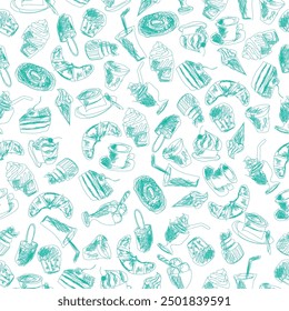 Seamless pattern with drinks an desserts art print for textile, paper, wallpaper decor design food kitchen cafe restaurants	