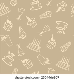 Patrón sin fisuras con bebidas y postres impresión de arte para textiles, papel, Fondo de pantalla decoración diseño comida cafetería restaurantes	