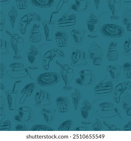 Nahtloses Muster mit Getränken und Desserts Kunstdruck für Textil, Papier, Tapete Dekor Design Essen Küche Café Restaurants	
