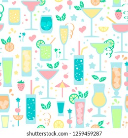 Seamless pattern with drinks different types. Flat style vector illustration. Suitable for wallpaper, wrapping, textile or bar menu design