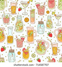 Seamless pattern with drinks - fruit infused water, detox water for clean, tropical breakfast smoothie, strawberry, green tea lemonade, fresh fruit juices and cocktails, yogurt.