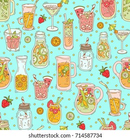 Seamless pattern with drinks - fruit infused water, detox water for clean, tropical breakfast smoothie, strawberry, green tea lemonade, fresh fruit juices and cocktails, yogurt.