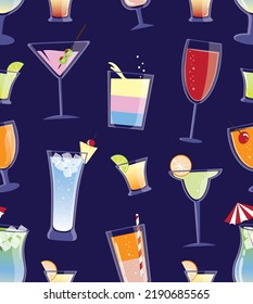 Seamless pattern of drinks with fruit slices, straw and cocktail umbrella. Vector fruity cold cosmopolitan cocktails. Coloured vector freshness night club drinks illustration. Flat cocktails.