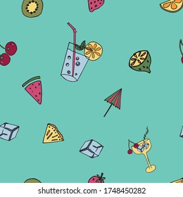Seamless pattern with drinks and fruits. For birthday, party invitations, scrapbook, paper or textile prints, restaurant menu. Hand-drawn elements. 
