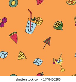 Seamless pattern with drinks and fruits. For birthday, party invitations, scrapbook, paper or textile prints, restaurant menu. Hand-drawn elements. 