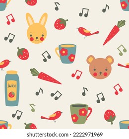 Seamless pattern. Drinks, fruits, cute cartoon animals. Vector illustration