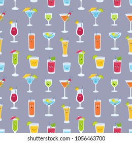 Seamless pattern with drinks in glasses with cute funny faces. Backdrop with fruit juices, alcoholic cocktails, refreshing beverages, smoothies or lemonades. Vector illustration in flat cartoon style.