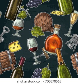 Seamless pattern drinks made from grapes. Wine, brandy, champagne bottle, glass, barrel, cheese, bunch of grapes with berry. Vintage color engraving vector illustration isolated on dark background