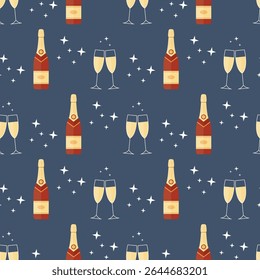 padrão sem costura bebidas novas anos véspera champanhe cheers vidro garrafa vetor no fundo azul papel de parede tecido giftwrap têxtil
