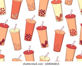 Seamless pattern of drinks in tall glasses - coffee and bubble-tea. Beige colours. Vector illustration