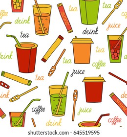 Seamless pattern with drinks. Tea, coffee, soda and lettering by hand. Vector illustration in cartoon style.