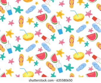 seamless pattern. drinks, watermelon, stars, flip-flops. the summer mood.