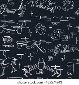 Seamless pattern with Drones Hand drawn element drone and controller connecting.  vector illustration