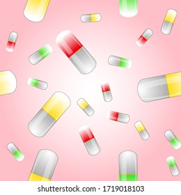 Seamless pattern. Drop pill color capsule medicine. Vector illustration.Suitable for tattoo, design, brand logo, badge, t-shirts, cards.