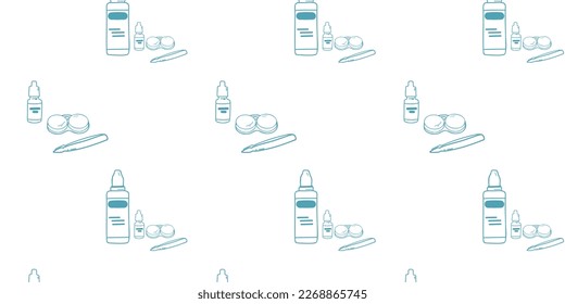 Seamless pattern with drops, contact lenses and tweezers