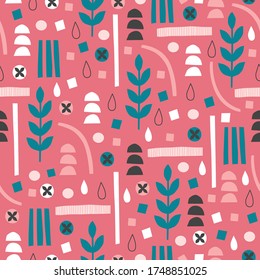 Seamless pattern with drops, leaves, circles, squares, lines, semicircles on pink background. Abstract vector modern trendy illustration. Retro style. Perfect for wallpaper and textile