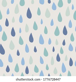 Seamless pattern with drops in scandinavian color pallette. Blue tones elements on grey background. Great for wrapping paper, textile, fabric print and wallpaper. Vector illustration.