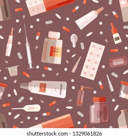 Seamless pattern with drugs or medications in bottles, jars, tubes, blisters, ampoules and medical tools for first aid on brown background. Cure and treatment backdrop. Flat vector illustration.
