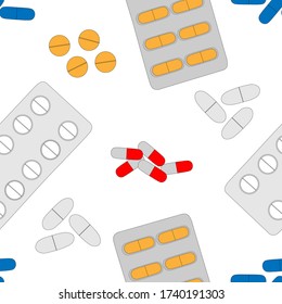 
Seamless pattern of drugs pills and capsules vector illustration