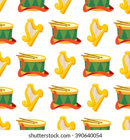 Seamless pattern with a drum and golden harp.