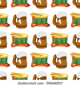 Seamless pattern with a drum and a mug of foamy beer.