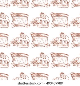 Seamless pattern with a drum and a piece of cake in the cream and strawberries.