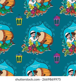Seamless pattern with drum ramadan  and lanterns