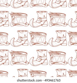 Seamless pattern with the drum and shoe leprechaun