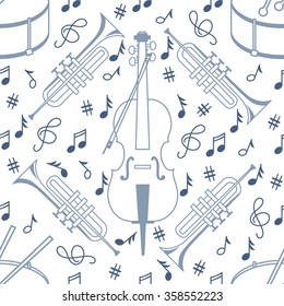 Seamless pattern with drum, tube and cello in a line style on a white background. Music vector background in light tones.