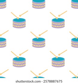 seamless pattern with drums on white backdrop for background, textile, wallpaper, wrapper, children apparel